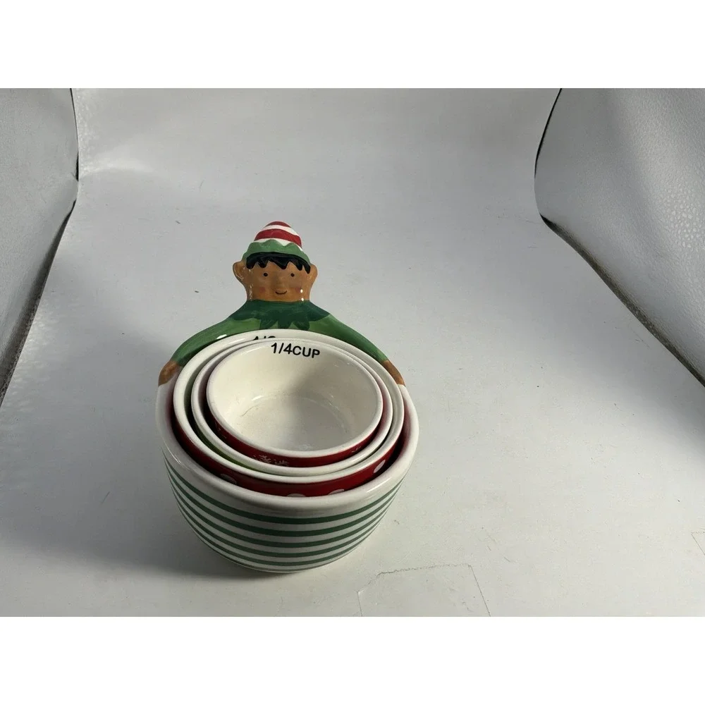 Christmas Elf Nesting Measuring Cups Set of 4 Holiday Time Stoneware Ceramic NEW